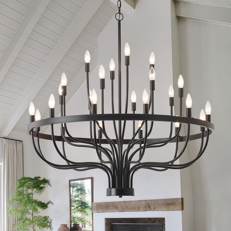 French Country Candle Chandelier Black/Gold Large Wagon Wheel Pendant Lighting