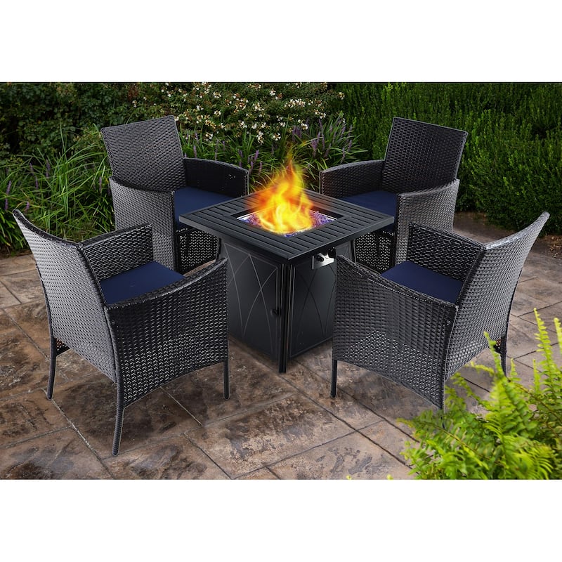 28" Gas Fire Pit Table with 4 Rattan Chairs, 5 Piece Propane Fire Pit Setwith 5Kg Fire Glass