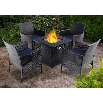 28" Gas Fire Pit Table with 4 Rattan Chairs, 5 Piece Propane Fire Pit Setwith 5Kg Fire Glass