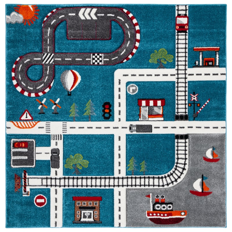 SAFAVIEH Carousel Kids Koika Neighborhood Road Rug - Turquoise/Ivory - 6'7" Square - Square
