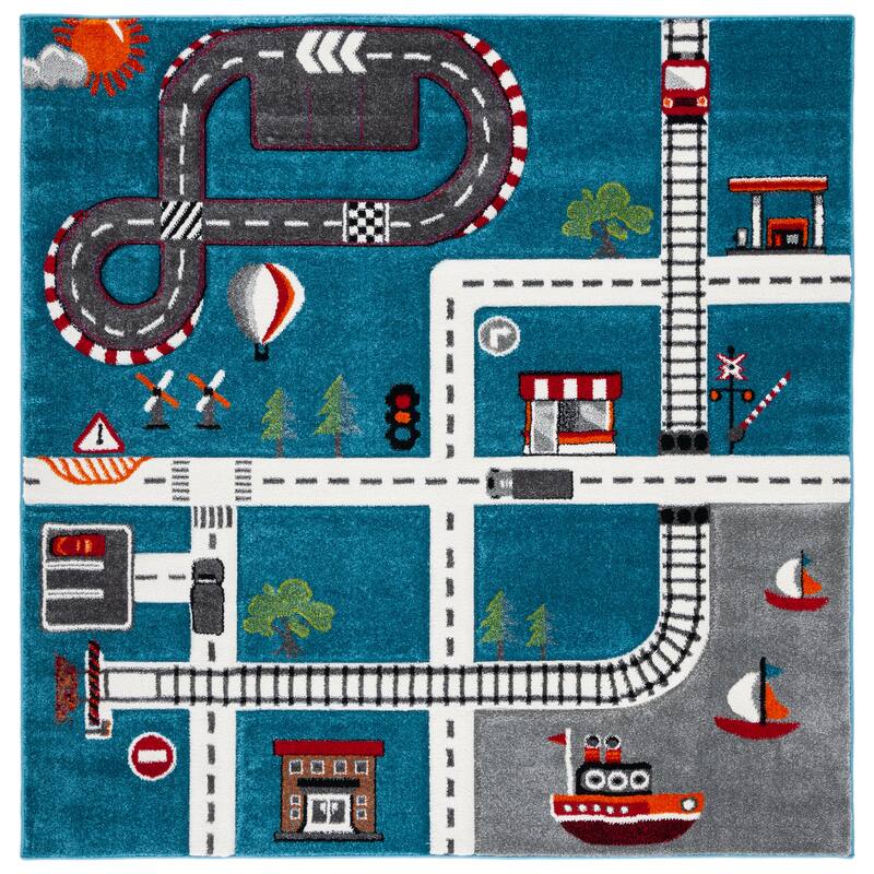 SAFAVIEH Carousel Kids Koika Neighborhood Road Rug - 6'7" x 6'7" Square - Turquoise/Ivory