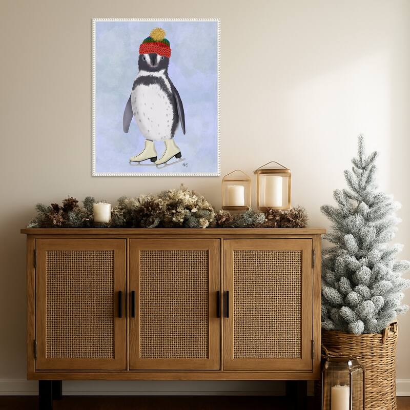 Penguin Ice Skating by Fab Funky (23 x 28 in.), Framed Canvas Wall Art Print - Sylvie Beaded White