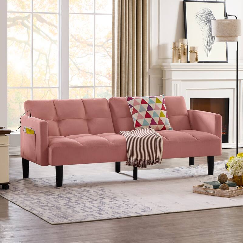 Velvet Futon Couch Sofa Lounge Sofa with Adjustable Backrest, Convertible Folding Sofa Bed Sleeper Sofa
