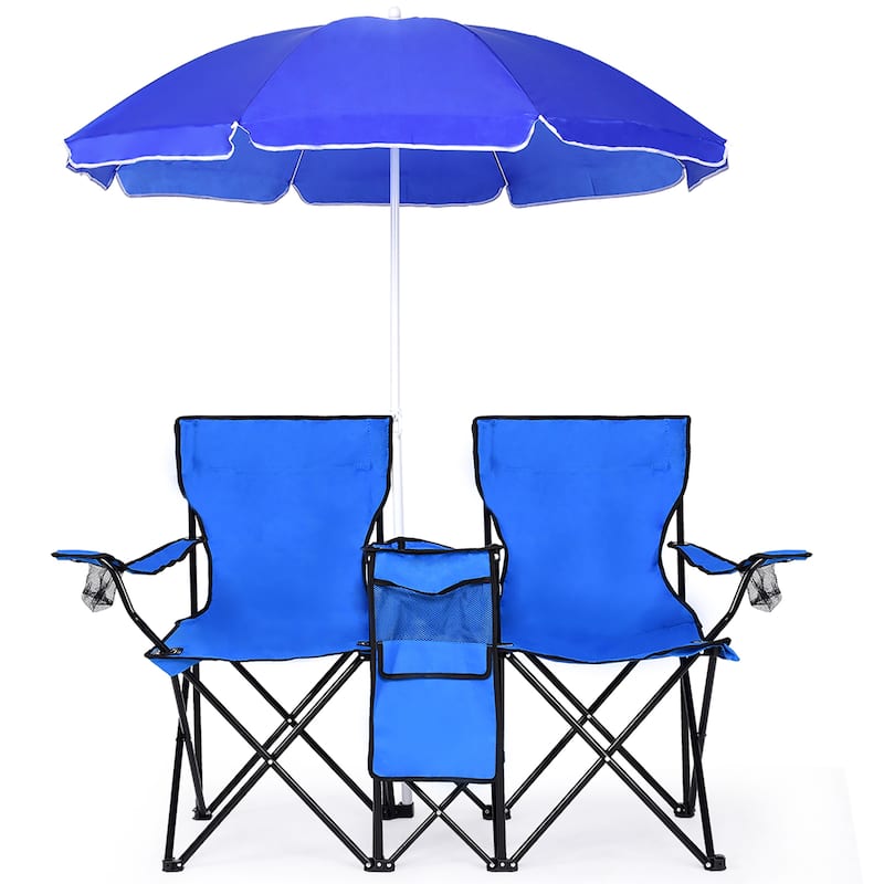 Portable Folding Picnic Double Chair with Umbrella Table Cooler Beach - Blue