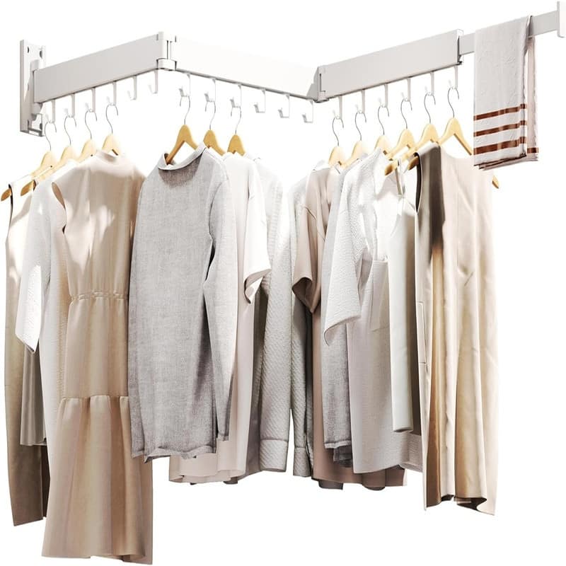 Wall Mounted Clothes Hanger Rack, Clothes Drying Rack - 3"D x 50"W x 1.8"H - White Tri-Fold