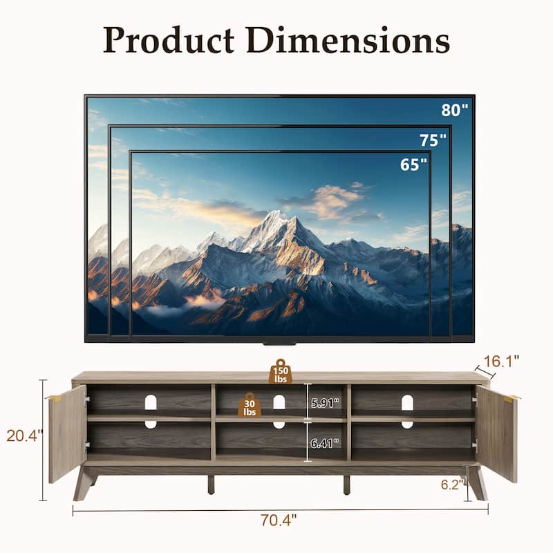 70" Modern Fluted TV Stand for Living Room, Wood Entertainment Center