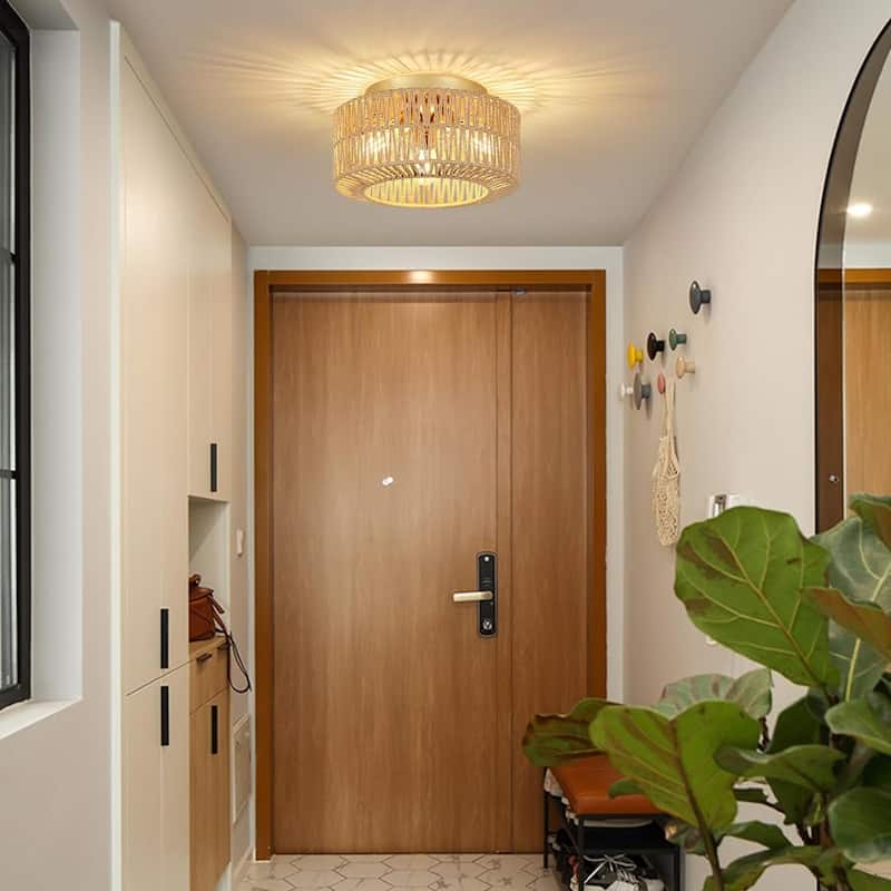 3-Light Rattan Ceiling Light Fixture, Flush Mount Ceiling Light with Hand-Woven Shade, Chandelier for Living Bedroom Entryway - Brown Gold