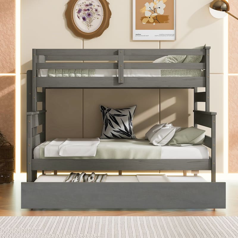 Wood Twin over Full Bunk Bed with Twin Size Trundle and Guard Rails