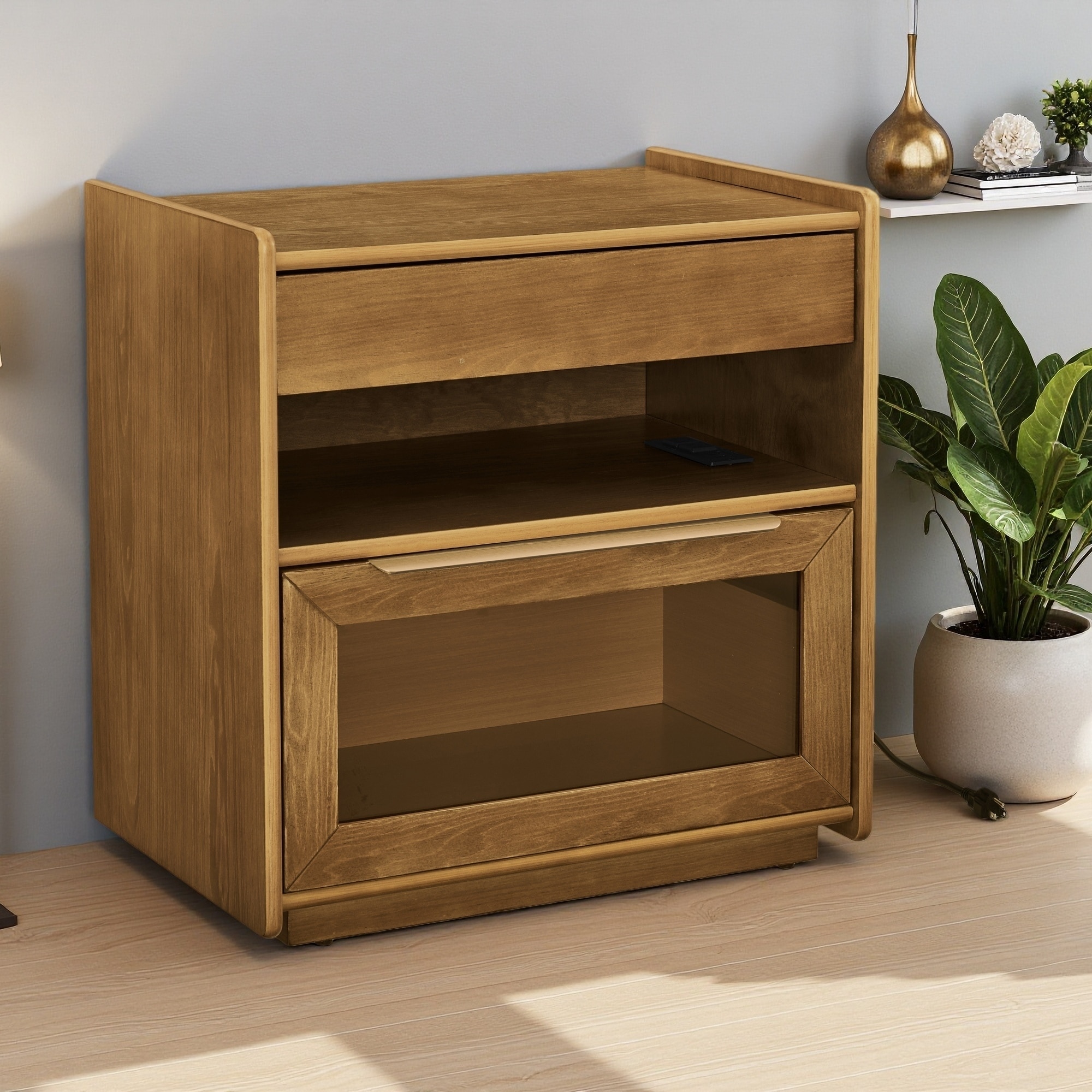 23.62"L Mid Century Modern MDF Nightstand with 2 Drawers, Glass Front, Charging Station & Open Shelf, End Table for Living Room