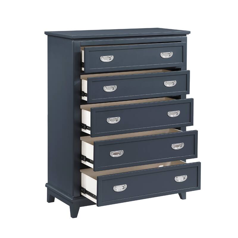 Sely Tall Dresser Chest, 5 Drawers, Navy Blue Wood Nickel Ring Handles