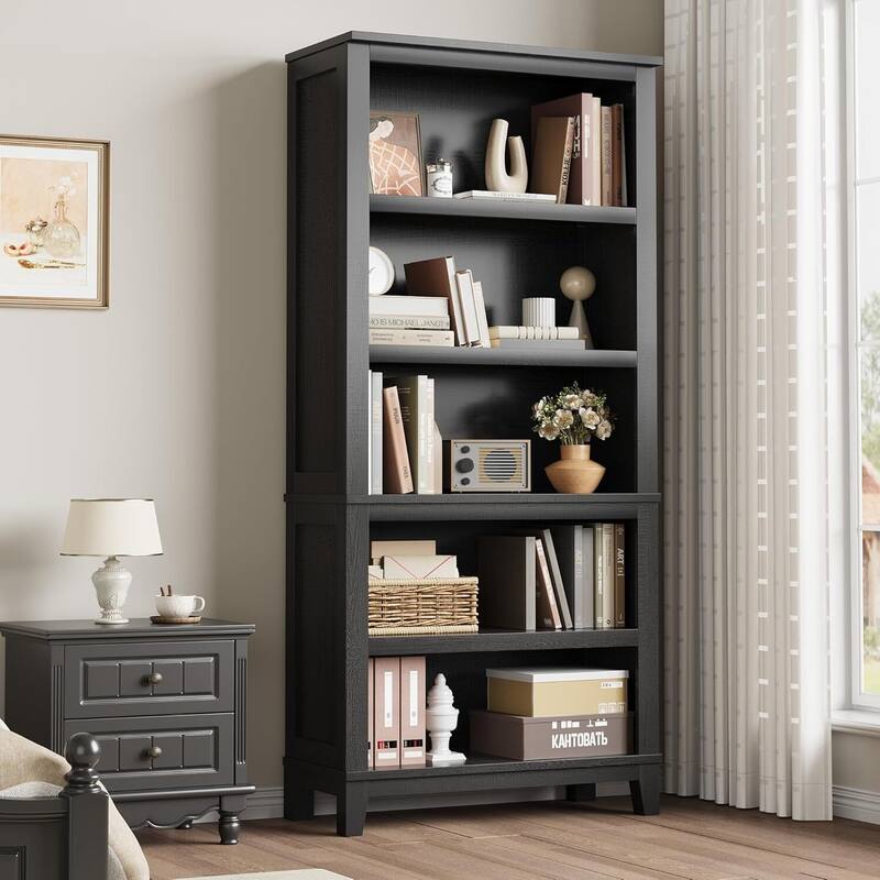 71" 5 Tier Farmhouse Bookshelf with Adjustable Shelves for Living Room - N/A