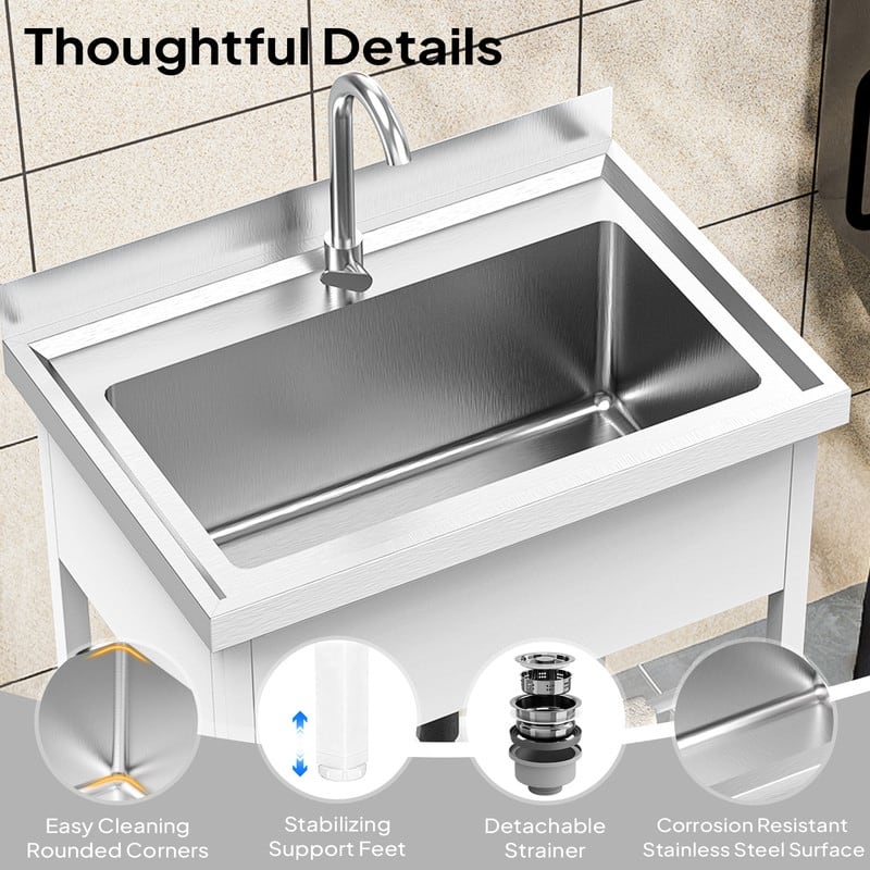 28.3 In. Freestanding Single Basin Stainless Steel Utility Sink With Shelves