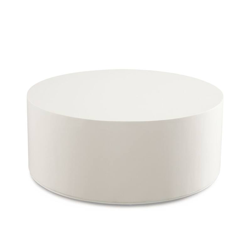 Viko Round Coffee Table, White Wood Faux Concrete Finish, 39 Inch