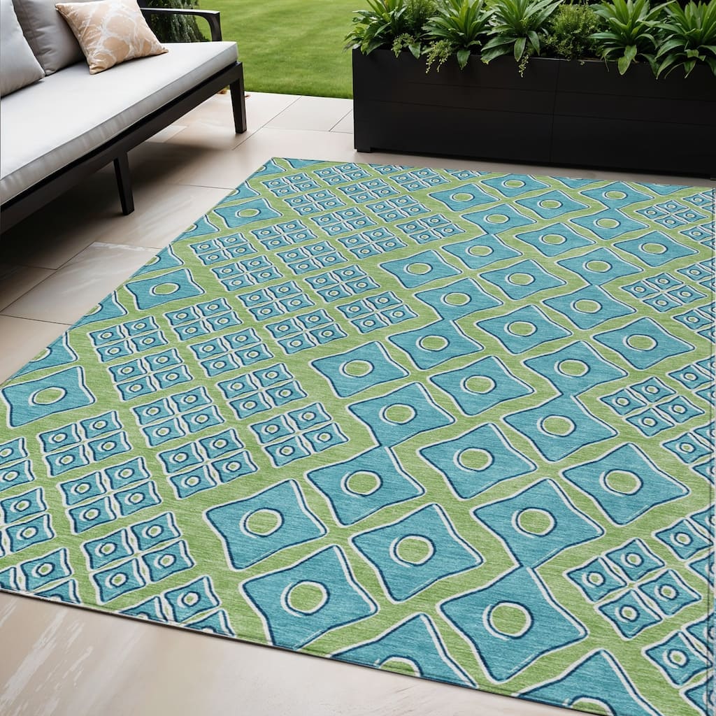Artichoke Green And Aqua Geometric Washable Indoor Outdoor Area Rug - 5' X 8'