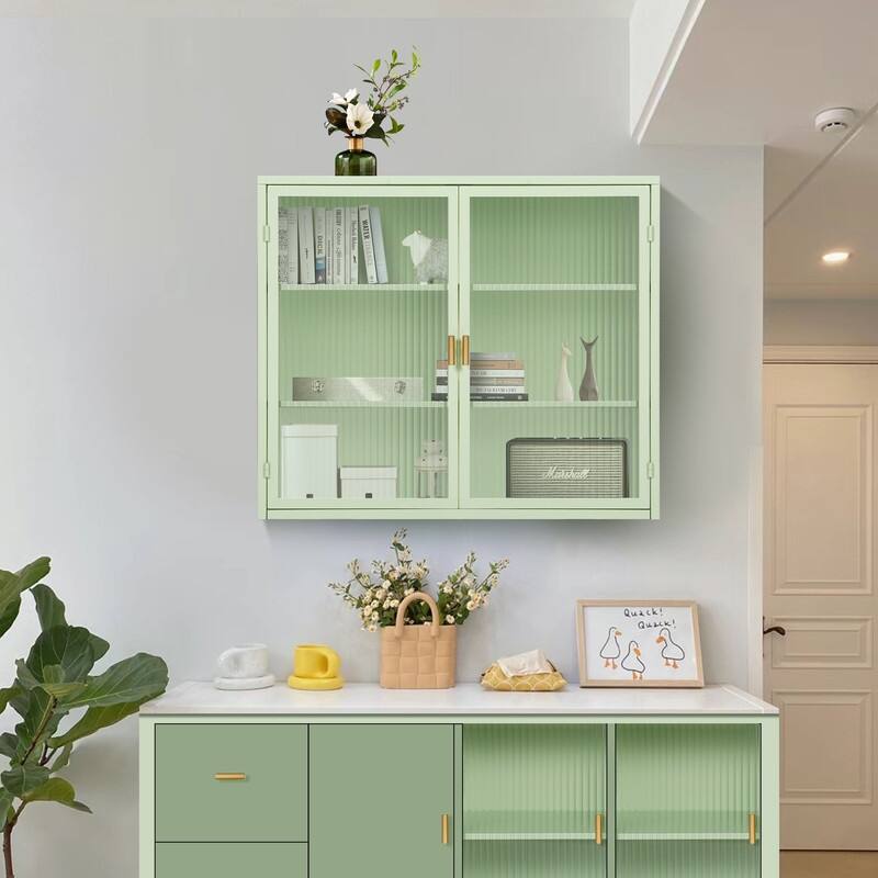27.56"Glass Doors Modern Two-door Wall Cabinet with Featuring Three-tier Storage for Entryway Living Room Bathroom Dining Room - Mint Green