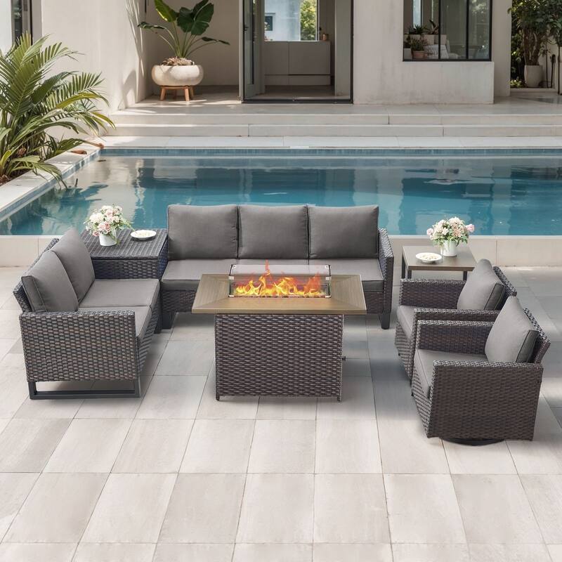 Gymojoy 7 Piece All-Weather Wicker Outdoor Patio Family Conversation Set Group With Fire Pit Table - Brown Wicker / Gray Cusion - 7-Piece