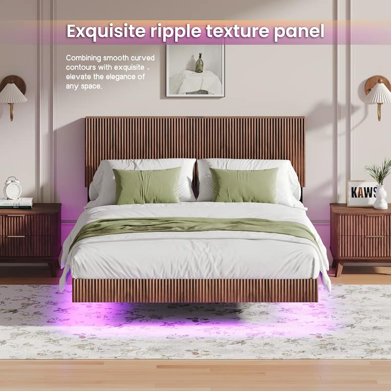 Walnut Queen Floating Bedstead, With Charging Station And Led Lights, Wavy Headboard, With Heavy Metal Flat Noodles