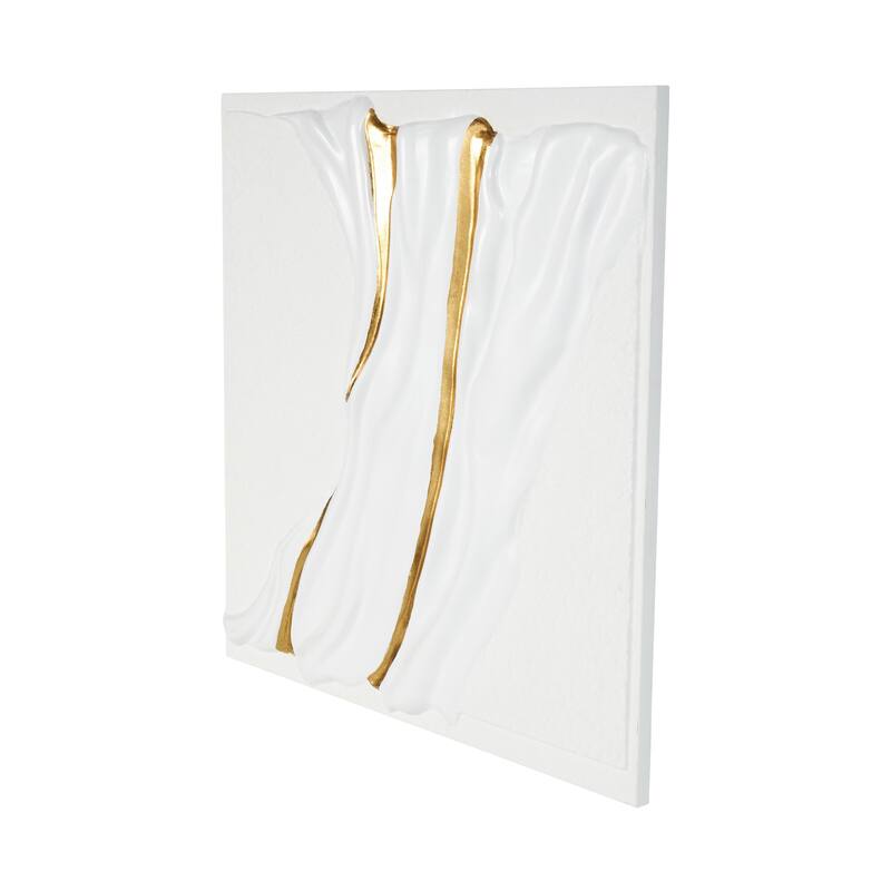 White Metal Dimensional Textured Wavy Abstract Home Wall Decor with Curved Gold Accents