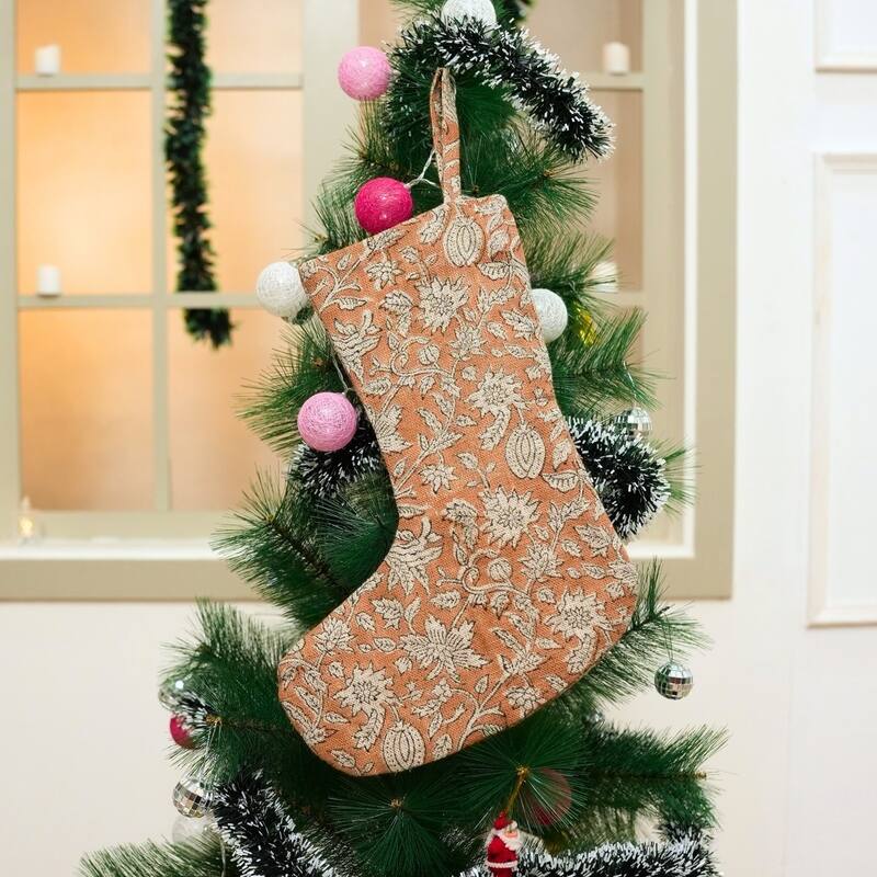 Fabdivine Linen or Cotton Hand Block Home Decorative Christmas Stockings - 16"X6.5"