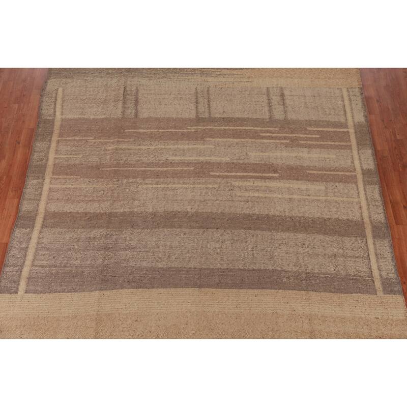 Hand Woven Oriental 100% Jute Carpet Modern Stripe Brown Kilim Area Rug - 9' 9'' X 8' 7''