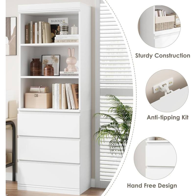 70 Inch Freestanding Modern Tall Bookcase with 3 Drawers - N/A