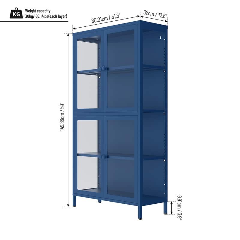 Storage Cabinet with 4 Glass Doors, Modern Sideboard Cabinet with Adjustable Shelves & Steel Feet, Accent Cabinet for Kitchen