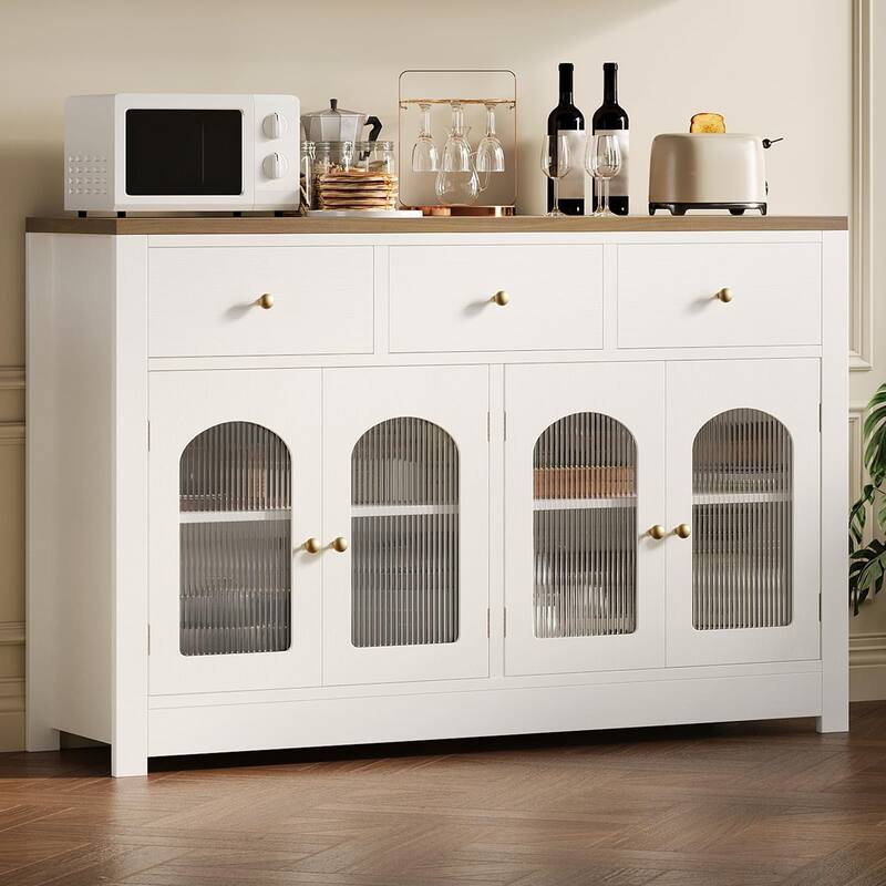 55 Inch Farmhouse Buffet Cabinet with Storage, Large Wood Narrow Kitchen Buffet Storage Cabinet for Dining Room - white