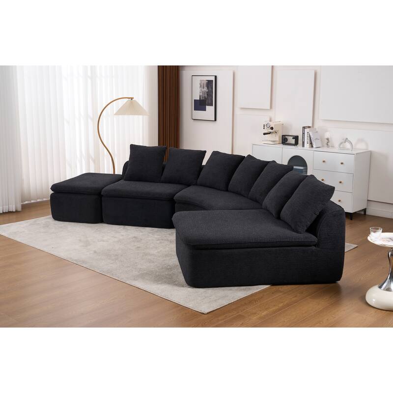 U-Shaped Modular Sectional Sofa with Ottoman, Woodgrain Chenille Deep Seat Boneless Couch, Compression Sofa with Pillows