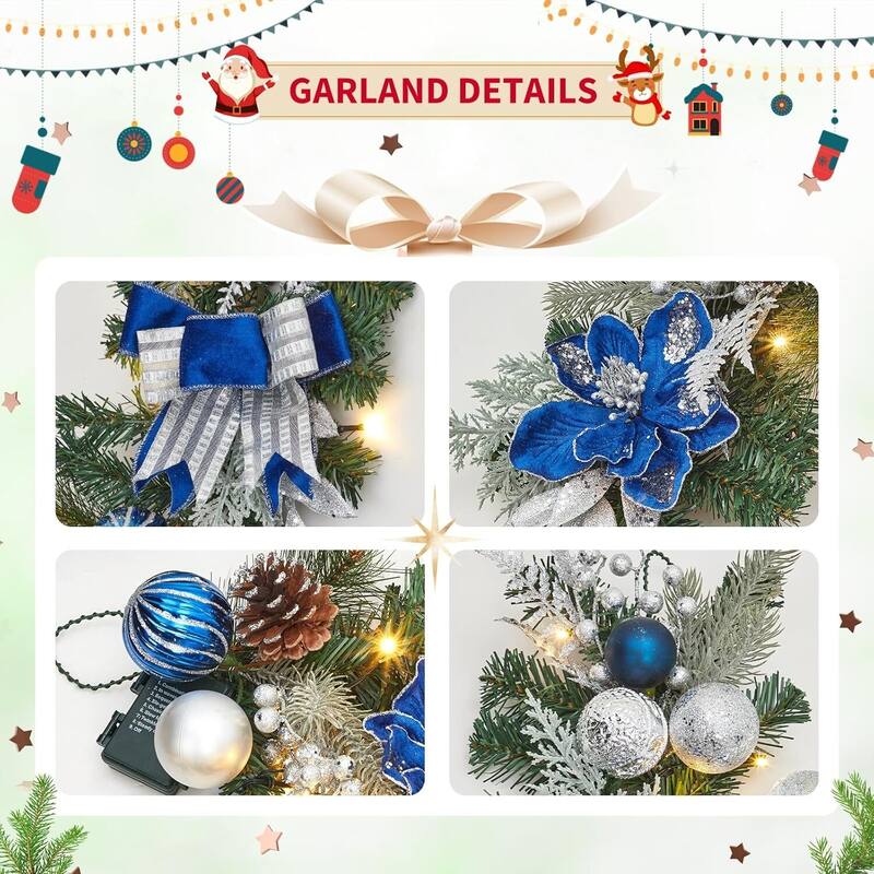 6ft Blue Flowers Christmas Garland with 20 LED Lights - N/A