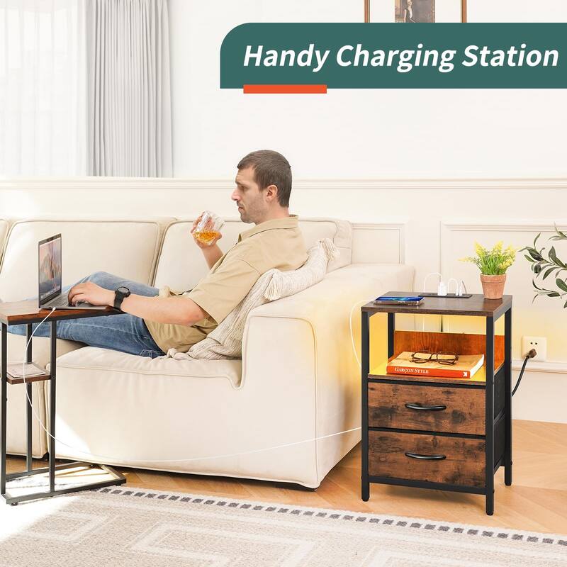 Nightstand with Charging Station,LED Night Stand with Fabric Drawers and Storage Shelf,Nightstands Bedside Tables with USB Ports