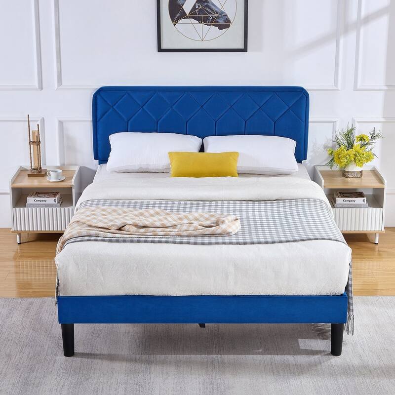 Upholstered Platform Bed Frame with Modern Adjustable Headboard, No Box Spring Needed - Dark Blue - Queen