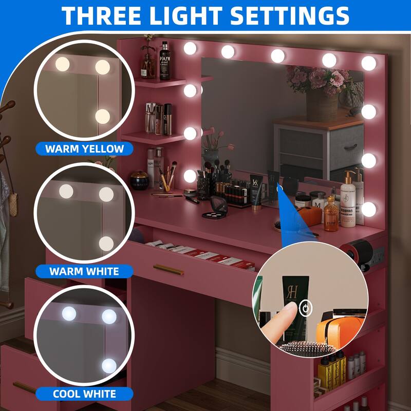 Moasis 40" Makeup Vanity with Mirror and Lighted ,Vanity Table with Power Outlet and 4 Drawers & Storage Shelves