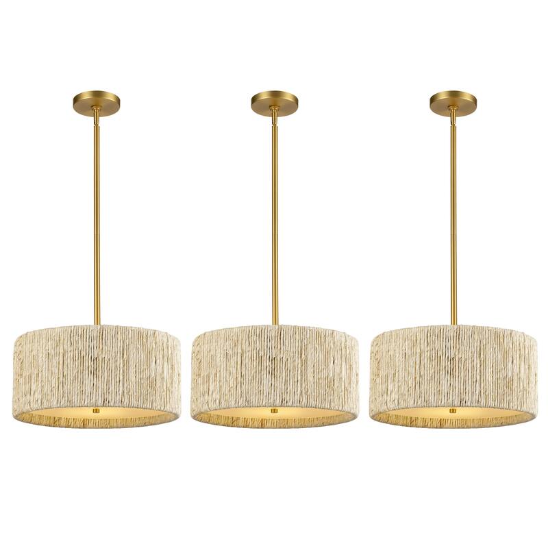 LamQee Rattan Kitchen Island Chandelier Corn Rope Woven Pendant - 3-Light/16.6inch/3Pack