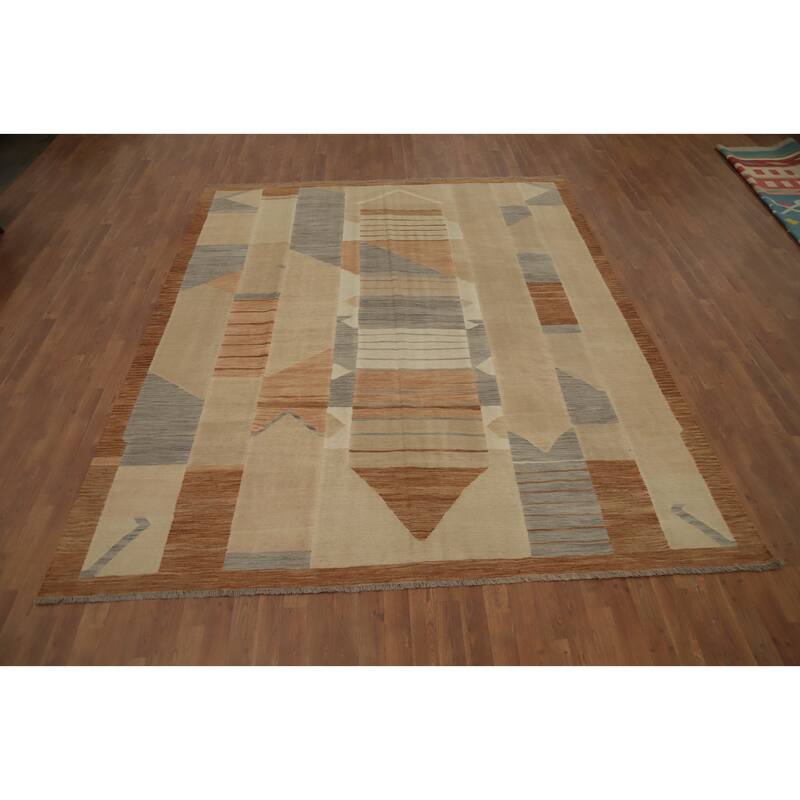 Hand Woven Oriental 100% Wool Carpet Southwestern Modern Brown Kilim Area Rug - 10' 1'' X 8' 3''