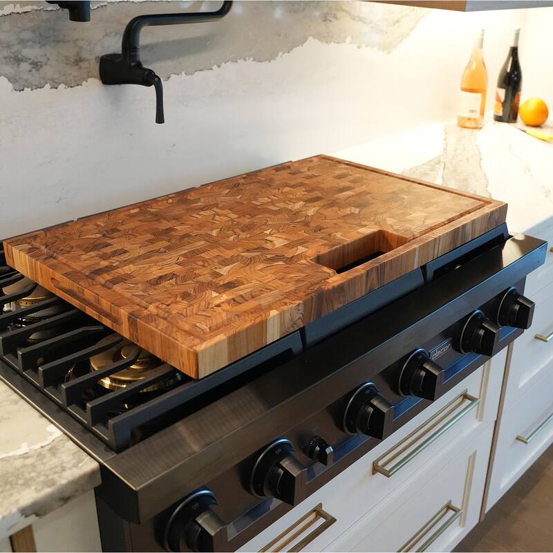EcoDecors Large Solid Teak Butcher Block 29" x 18", End Grain Cutting Board with Juice Groove, FSC Certified Carving Board