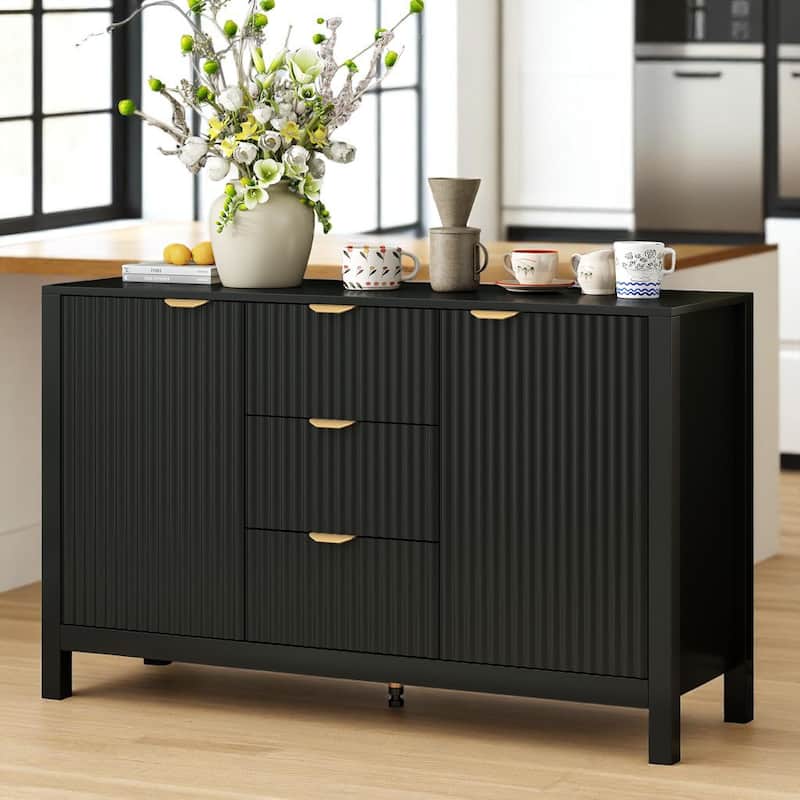 Wave Pattern Sideboard Cabinet with 3 Drawers, Soft-Close Doors & Adjustable Shelves, Entryway Storage Console