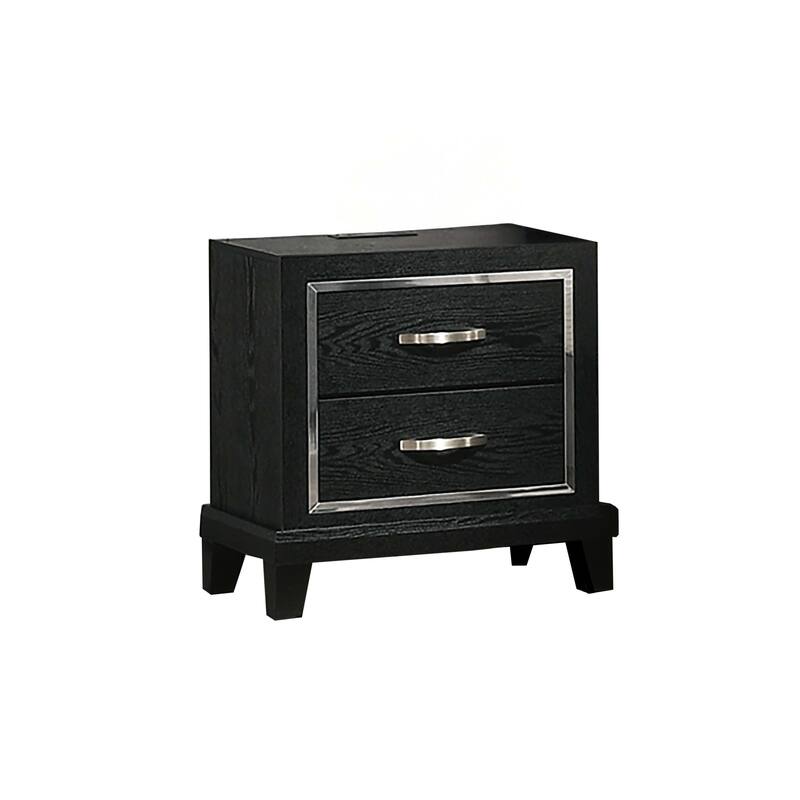 Contemporary Nightstand with USB Port - Black Finish, Chrome Handles & Tapered Legs