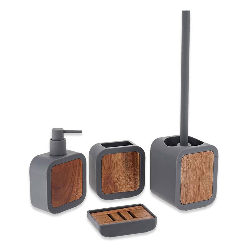 4-Piece Bathroom Accessory Set Rubber and Wood - 4 L x 3.9 W x 15.2 H