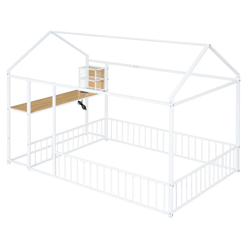 Full Size Metal Bed House Bed Frame with Desk, Shelves, Power Outlets and USB Ports, White