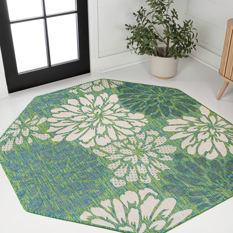 JONATHAN Y Floral Textured Weave Indoor/Outdoor Area Rug - 5' Octagon - Cream/Green