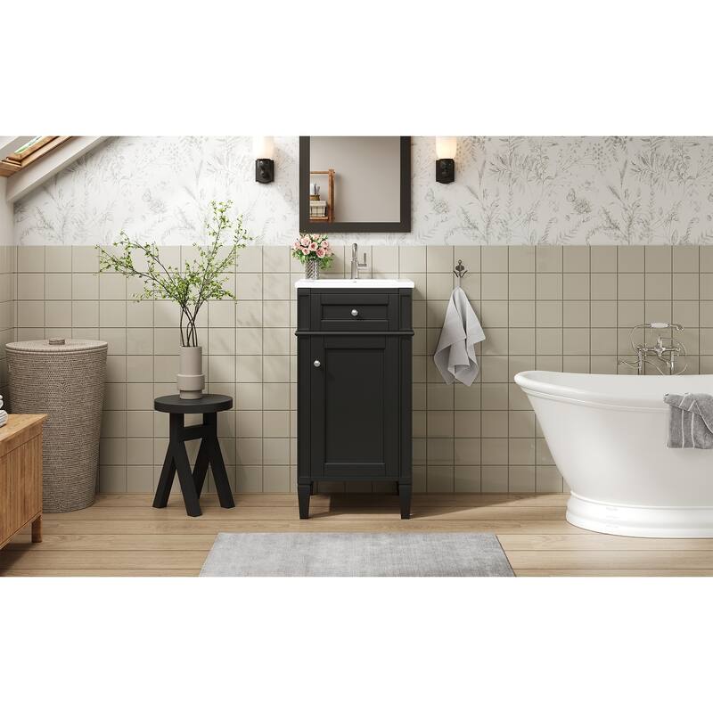 16" Bathroom Vanity with Ceramic Sink, Freestanding Single Vanity Set with Soft Closing Door, Adjustable Shelf, French Style