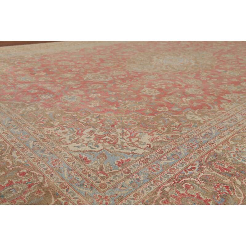 Distressed Mashad Persian Vintage Rug Hand-Knotted Floral Wool Carpet - 8'10"x 13'10"