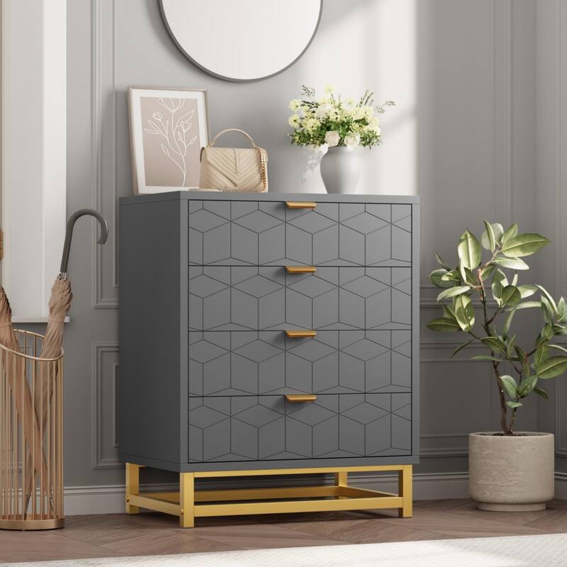 4 Drawer Dresser for Bedroom, Modern Wooden Chest of Drawers with Gold Handles