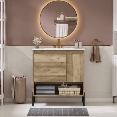 30" Modern Wood Fixture Bathroom Vanity, Bathroom Storage Cabinet with Ceramic Basin Sink Top