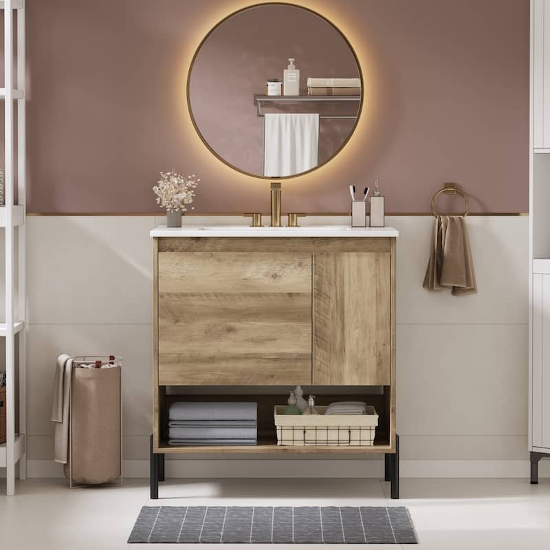 30-Inch Contemporary Wooden Bathroom Vanity with Sliding Drawer, Ceramic Sink Top, Storage Cabinet, Doors, and Open Shelf‌