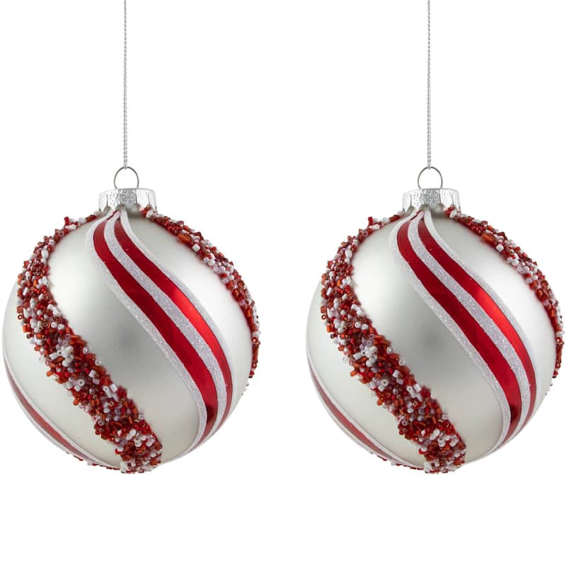2 Silver Red Glitter Beads Striped Glass Christmas Ball Ornaments 4"