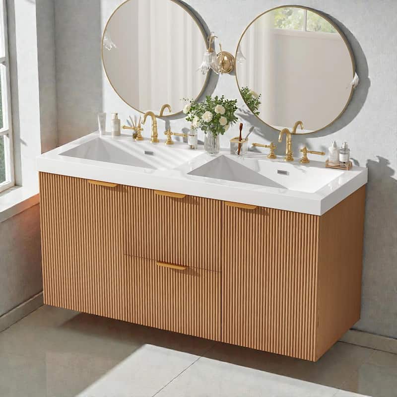 47.24" Wall-Mounted Double Sink Bathroom Vanity with SMC Top - Wood