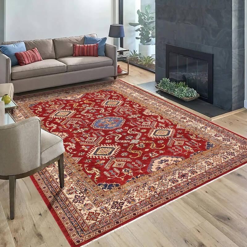 Southwestern Super Kazak Marlowe Red/Beige Hand Knotted Wool Rug - 8'10'' x 12'0''