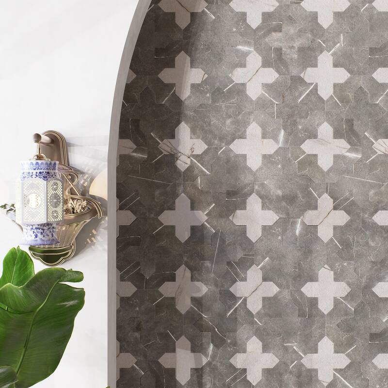 Merola Tile Istanbul Squire Shield Night with Day Cross 6" x 8-3/8" Porcelain Floor and Wall Tile - Case (48 Tiles)