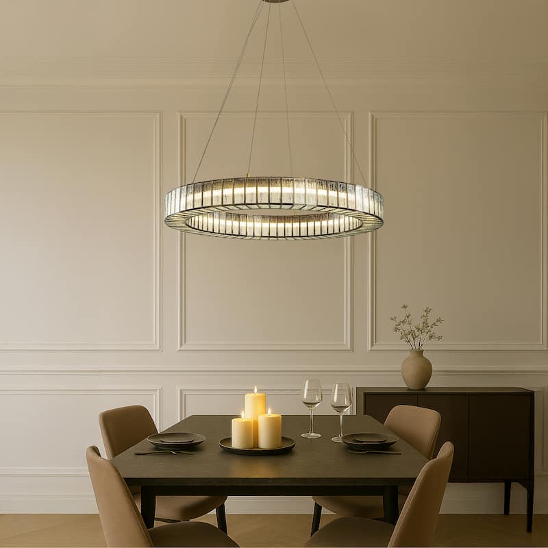 34'' Modern Halo Round Textured Glass Integrated Led Chandelier Brass Empire Led Ceiling Light For Dining Room Living Room